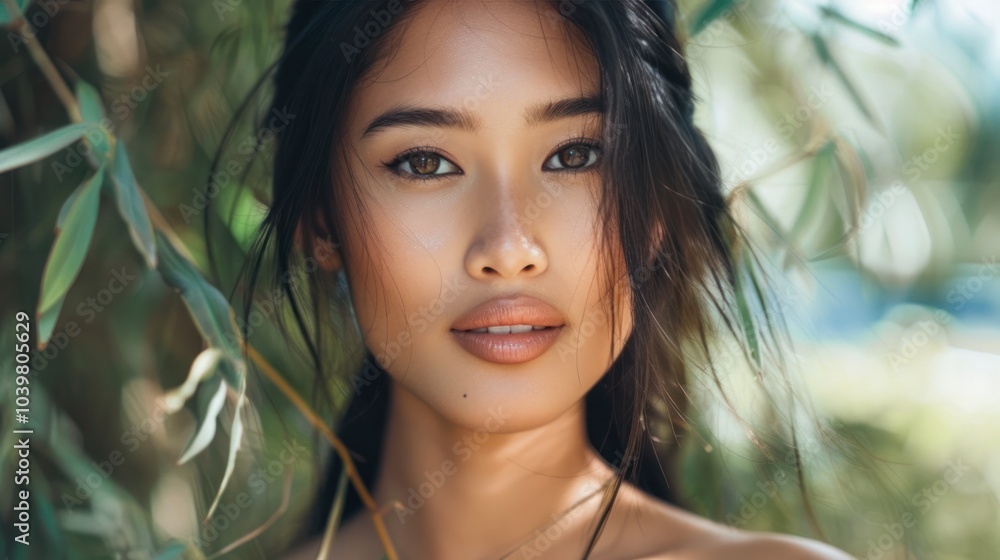 Asian woman with minimal makeup in a serene outdoor setting, highlighting natural beauty. Asian woman with minimal makeup in a serene outdoor setting, highlighting natural beauty.