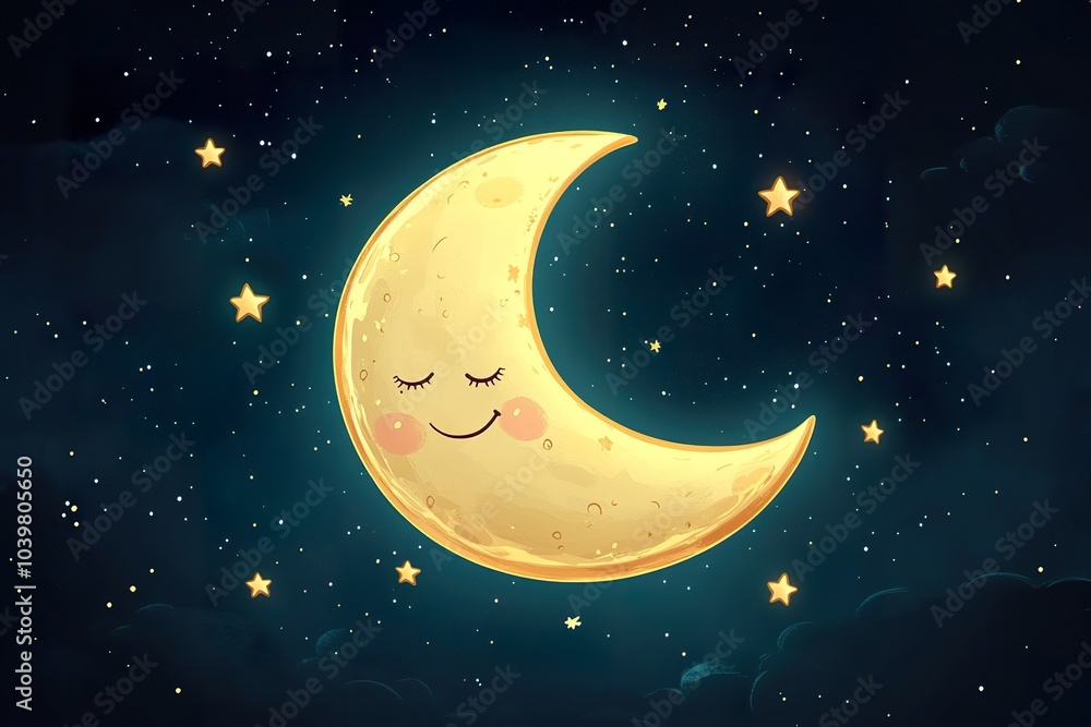 Naklejka premium Smiling Moon with Sleepy Face Surrounded by Stars - Perfect for children's illustrations, night sky designs, and celestial themed projects.