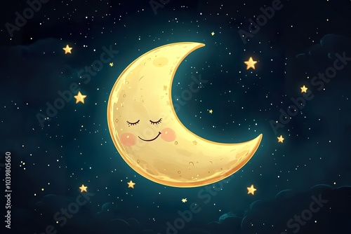 Wallpaper Mural Smiling Moon with Sleepy Face Surrounded by Stars - Perfect for children's illustrations, night sky designs, and celestial themed projects. Torontodigital.ca