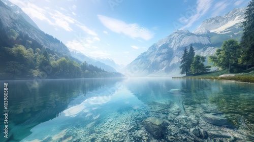 Fototapeta Naklejka Na Ścianę i Meble -  A serene mountain lake with crystal-clear water
