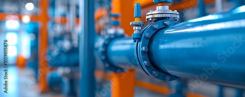 Close-up of a blue industrial pipe showcasing its fittings and background elements in a modern facility.