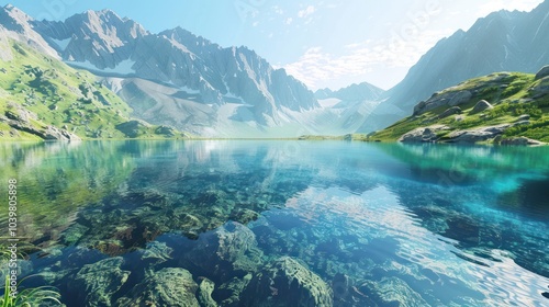 Fototapeta Naklejka Na Ścianę i Meble -  A serene mountain lake with crystal-clear water