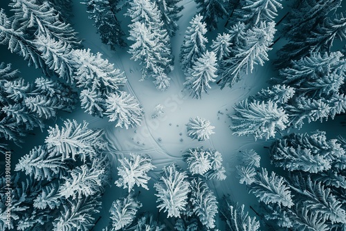 Aerial view of snowy evergreen forest in winter