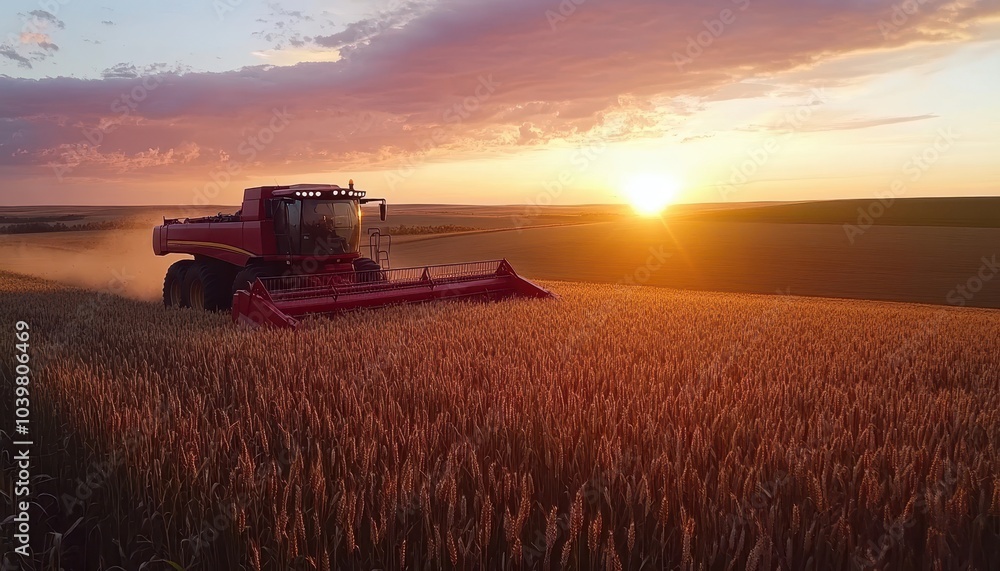 Fototapeta premium Harvesting wheat at sunset with a combine harvester in a vast field landscape
