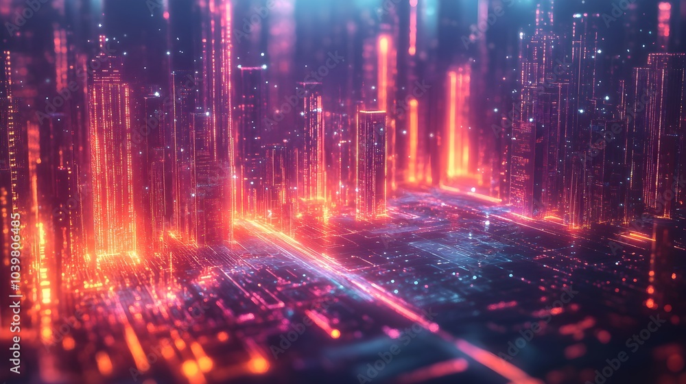 Obraz premium Glowing cityscapes connected by a network of neon light trails, representing cloud data transfer across the globe, digital hologram overlay, futuristic, cyberpunk aesthetic