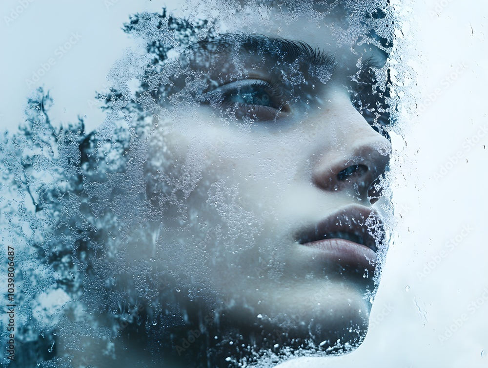 Androgynous person in a double exposure portrait, reflection in a window, merging with raindrops, surreal atmosphere, soft blue and gray hues Androgynous person in a double exposure portrait, reflection in a window, merging with raindrops, surreal atmosphere, soft blue and gray hues
