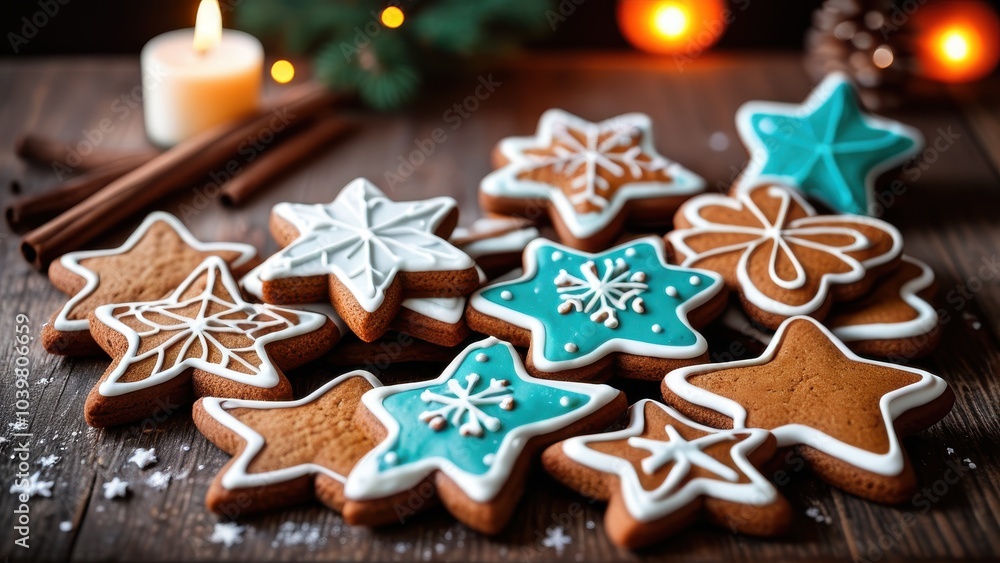 Festive gingerbread cookies on a wooden table, decorated with white icing, star and tree shapes, warm holiday atmosphere, rustic style, soft natural lighting Festive gingerbread cookies on a wooden table, decorated with white icing, star and tree shapes, warm holiday atmosphere, rustic style, soft natural lighting