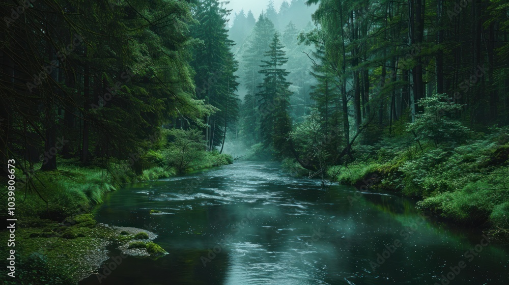 Fototapeta premium A peaceful river flowing through a dense forest.