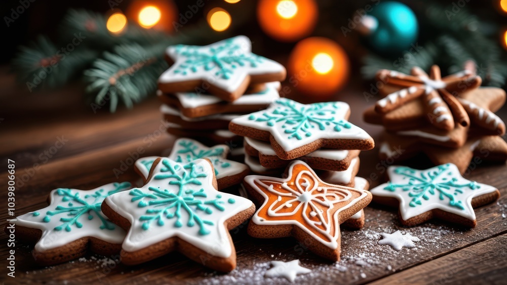 Festive gingerbread cookies on a wooden table, decorated with white icing, star and tree shapes, warm holiday atmosphere, rustic style, soft natural lighting Festive gingerbread cookies on a wooden table, decorated with white icing, star and tree shapes, warm holiday atmosphere, rustic style, soft natural lighting