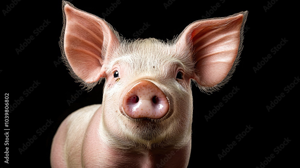 A close-up portrait of a pink piglet with large ears, looking directly at the camera against a black background. A close-up portrait of a pink piglet with large ears, looking directly at the camera against a black background.