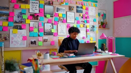 A vibrant home office filled with quirky decor, bright colors, and an inspirational mood board to spark creativity.