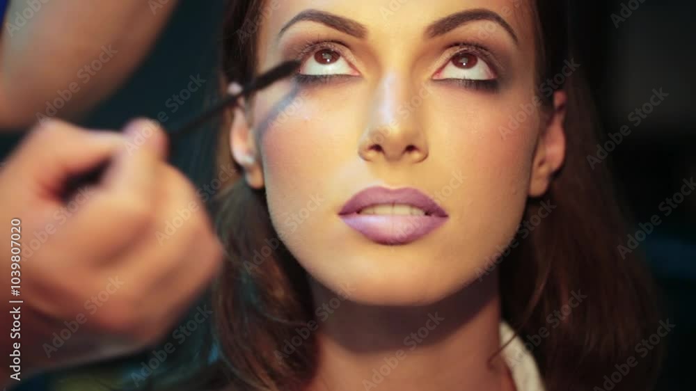Makeup artist applying eyeshadow for beauty makeup model. Closeup eyes eyeshadow. Beautiful young woman with fashion eyeshadow. Cosmetic. Perfect eyeshadow and beauty makeup.