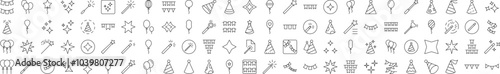 Minimalistic Linear Illustrations of Celebration. Contains Icons of Magic Wand, Balloon, Holiday Hat, Sparkling, Fireworks that Can Be Used for Design of Cards, Posts, Apps, Web Sites