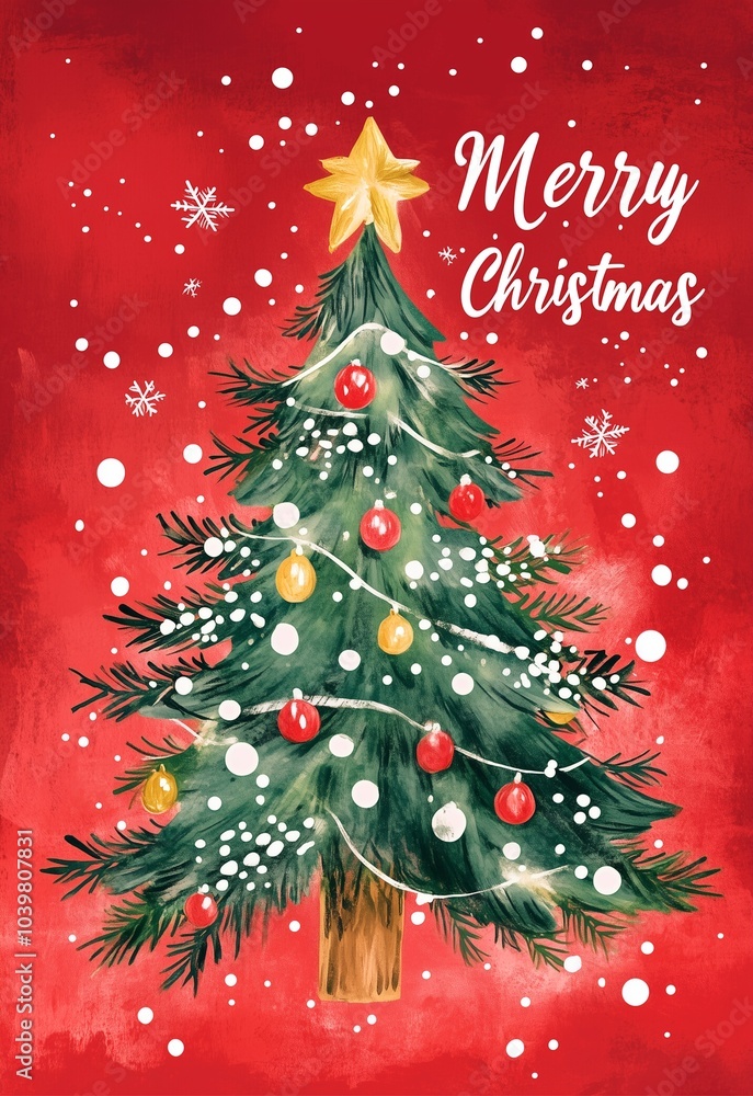 Christmas card with christmas tree illustration and text Merry Christmas Christmas card with christmas tree illustration and text Merry Christmas