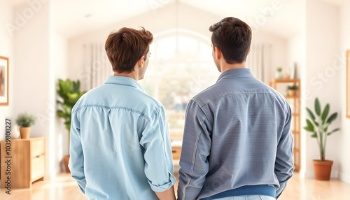 Young couple imagining interior of new home, back view isolated with white highlights, png