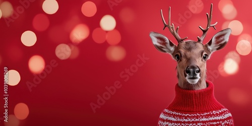 A Reindeer wearing a Christmas jumper on a Christmas background