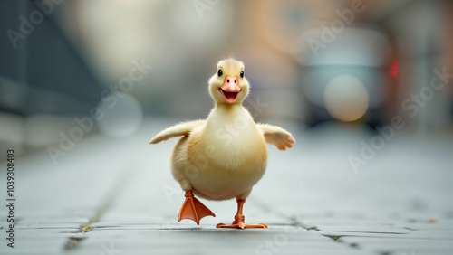 Playful Duck Waddling Cheerfully in a Charming Urban Street Scene Evoking Curiosity and Joy