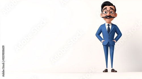 A cartoon man with black hair, a mustache, and glasses is dressed in a blue suit and stands against a white background, smiling at the camera in a 3D full-body shot, with space for text or graphics.