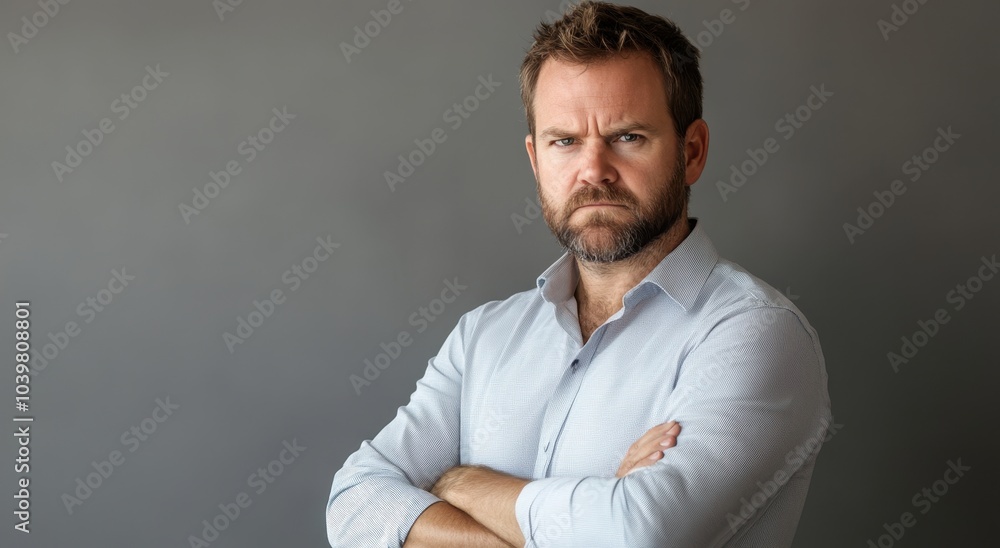 A photo of an angry-looking white man with short brown hair and a beard, wearing business casual . A photo of an angry-looking white man with short brown hair and a beard, wearing business casual .