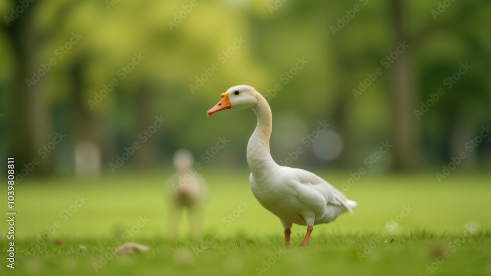 A Goose Holding Its Beak at the Center of a Picturesque Park: Symbol of Nature's Charm and Tranquility A Goose Holding Its Beak at the Center of a Picturesque Park: Symbol of Nature's Charm and Tranquility