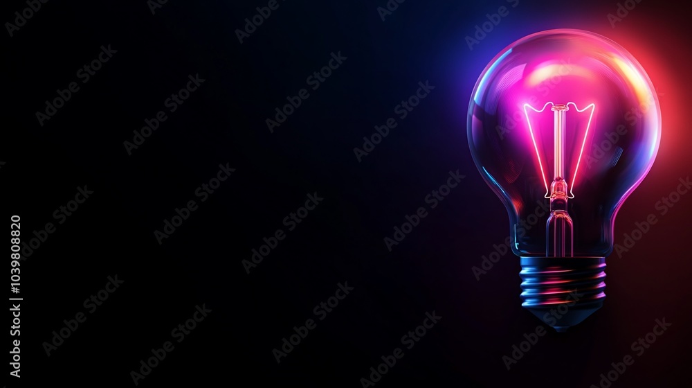 A glowing light bulb with pink and blue neon light on a black background. A glowing light bulb with pink and blue neon light on a black background.