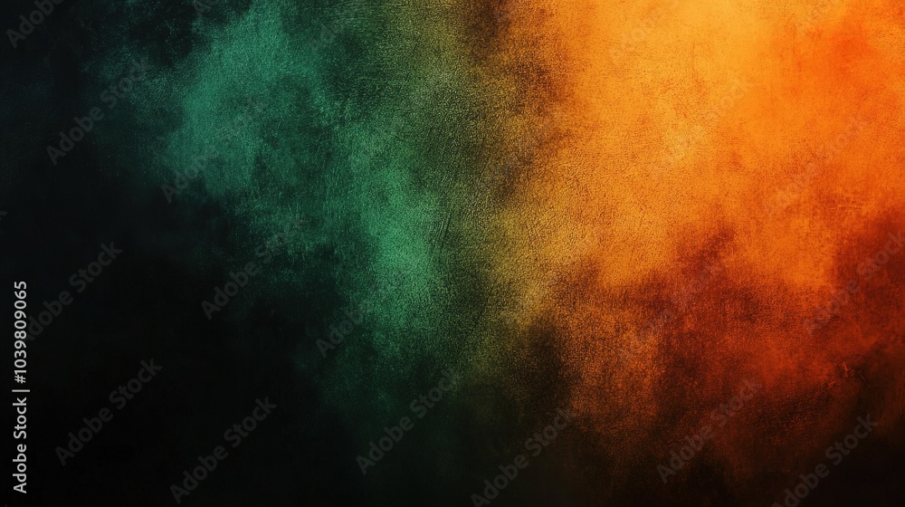 Fototapeta premium Dark Green to Orange Gradient Background with Subtle Grain Texture, Moody and Elegant Space Aesthetic, Simple Gradient on Black Canvas