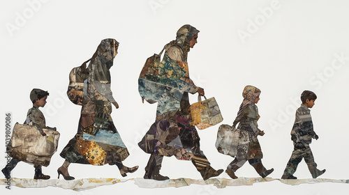 Collage-style depiction of a Middle Eastern family walking with luggage