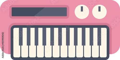 Pink digital synthesizer playing modern music, electronic keyboard for creating sound recording