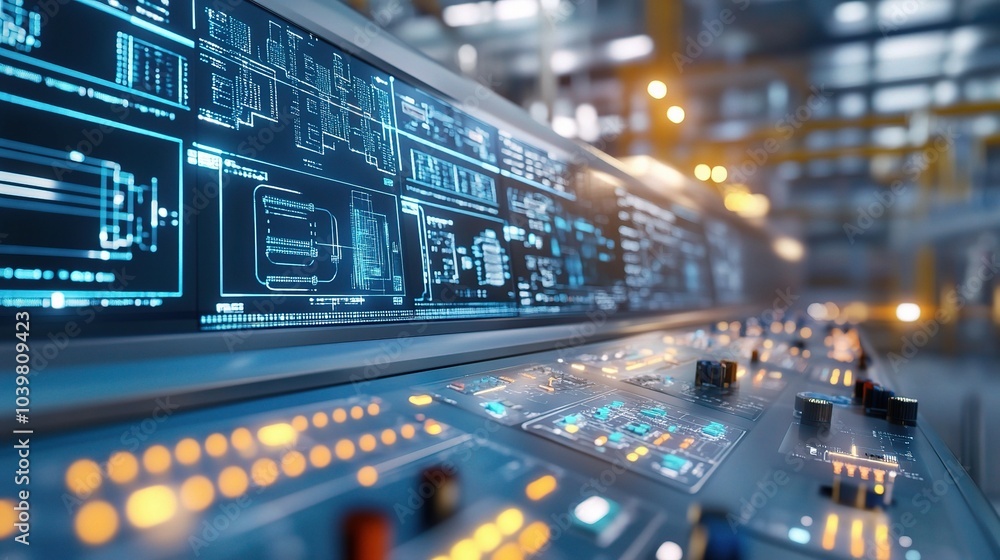 High-Tech Control Panel in Modern Industrial Setting High-Tech Control Panel in Modern Industrial Setting