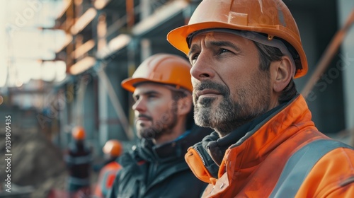 A collaborative moment between an engineering manager, project consultant, and foreman, inspecting construction progress in safety gear