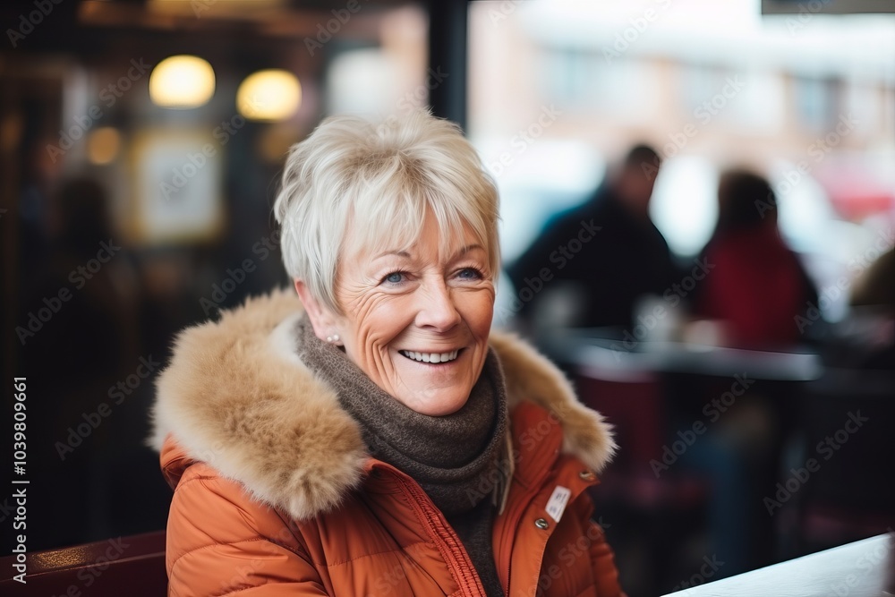 Portrait of smiling senior woman in winter jacket at cafe. Focus on woman Portrait of smiling senior woman in winter jacket at cafe. Focus on woman