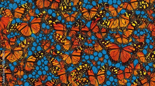 Wallpaper Mural A close-up shot of a swarm of orange and black butterflies with blue circles on the background. Torontodigital.ca