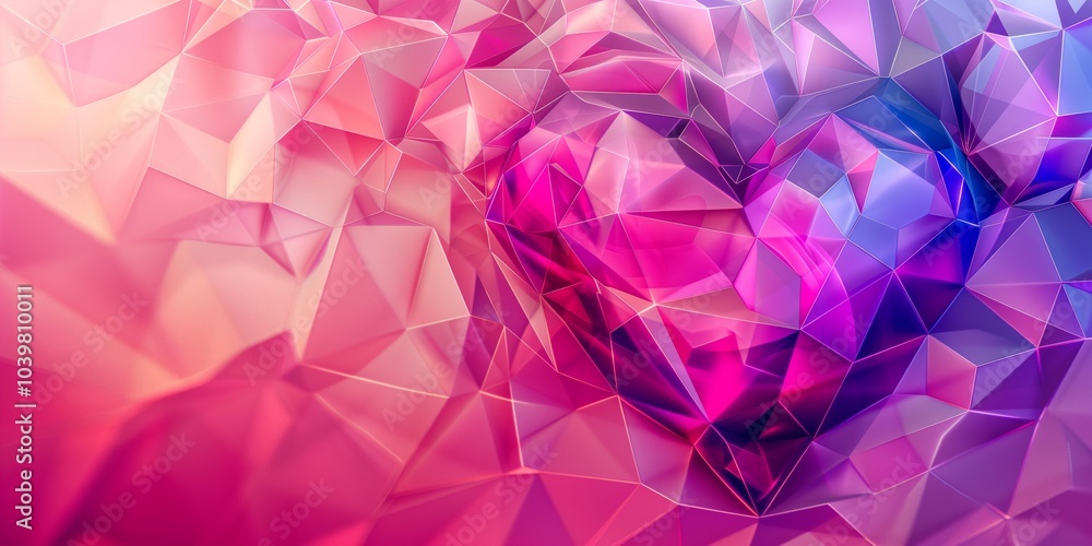 Abstract background with heart symbol and gradient polygons, bright pink and purple colors, 3D effect. Abstract background with heart symbol and gradient polygons, bright pink and purple colors, 3D effect.