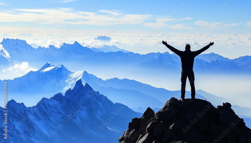 A person triumphantly stands on a mountain peak, enjoying the stunning view A person triumphantly stands on a mountain peak, enjoying the stunning view