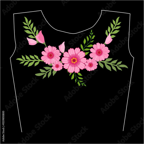 t-shirt design with pink flowers and green leaves on black background. Embroidery flower round neck line patch composition for t-shirt design. 