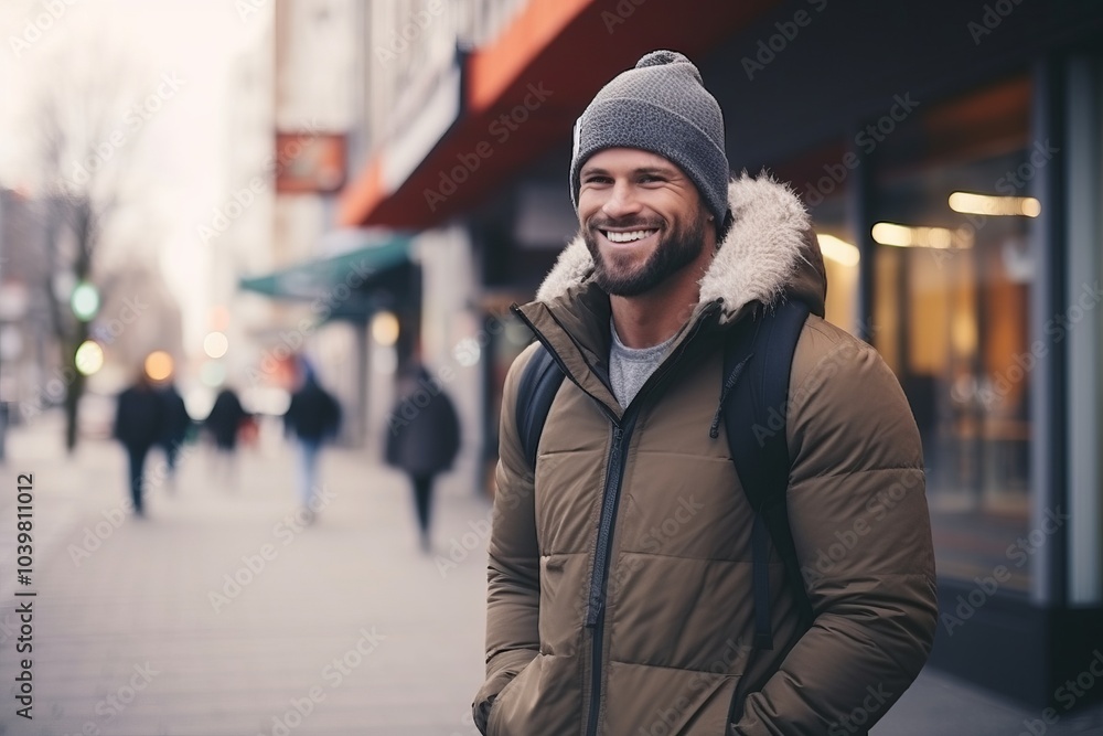 Portrait of handsome young man in winter coat and hat smiling at camera while walking on city street Portrait of handsome young man in winter coat and hat smiling at camera while walking on city street