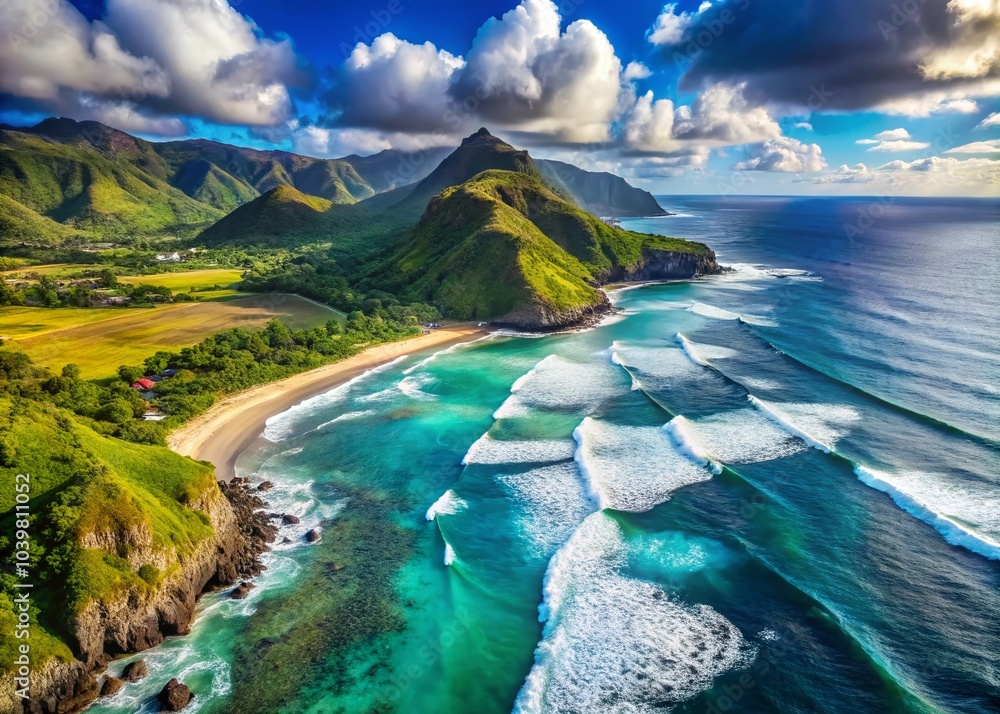 Fototapeta premium Aerial View of Serene Atlantic Island Coastline with Blue Waters and Mountainous Background, Perfect for Summer Travel