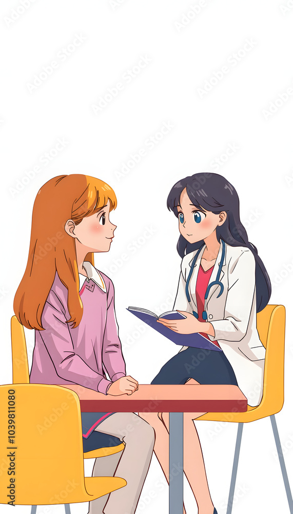 Communication session of school psychologist and girl 10, 11 years isolated with white highlights, png Communication session of school psychologist and girl 10, 11 years isolated with white highlights, png