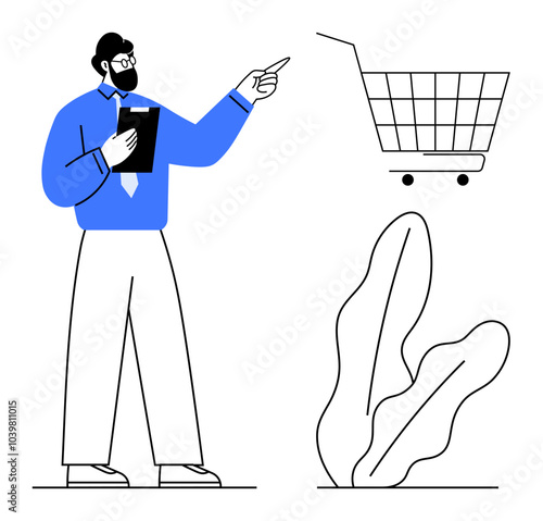 A bearded man in business attire holding a clipboard points towards a shopping cart icon. Nearby, simple plant outlines add visual interest. Ideal for business, e-commerce, data analysis, growth