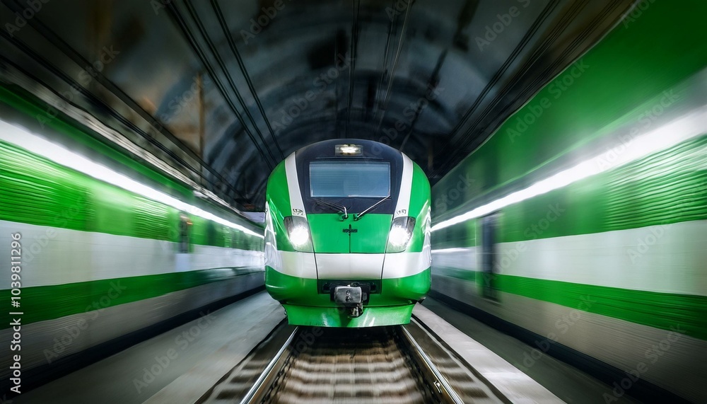 Naklejka premium imagen fotorrealista de un tren de alta velocidad verde y blanco en movimiento visto de frente