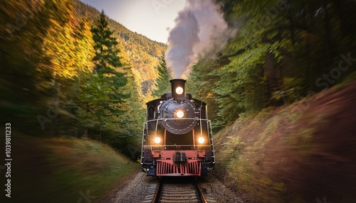 imagen fotorrealista de un tren de vapor en movimiento visto de frente photo