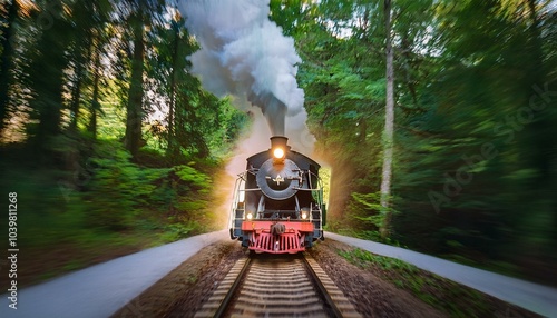 imagen fotorrealista de un tren de vapor en movimiento visto de frente photo