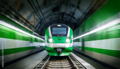 imagen fotorrealista de un tren de alta velocidad verde y blanco en movimiento visto de frente photo