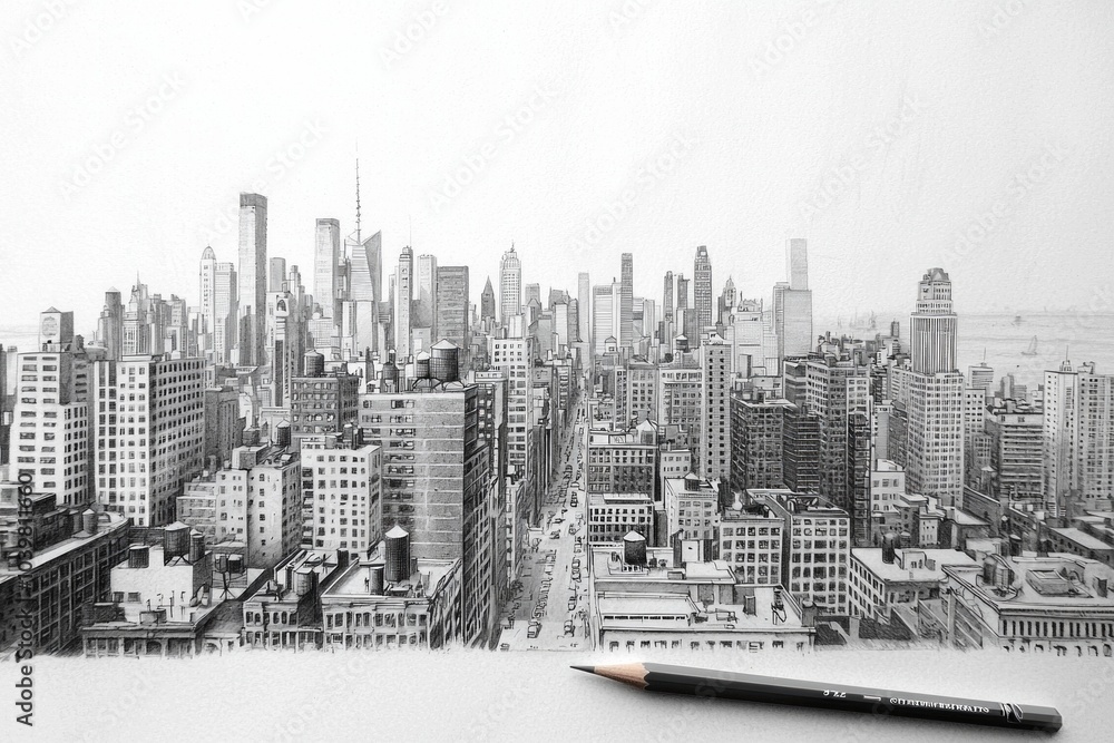Fototapeta premium A hand-drawn cityscape created entirely with a single pencil, with the pencil resting next to the artwork 