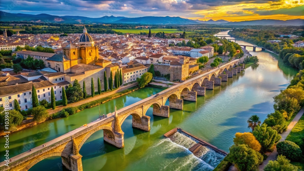 Fototapeta premium Aerial View of the Historic Roman Bridge in Cordoba, Spain – Architectural Marvel and Scenic Beauty