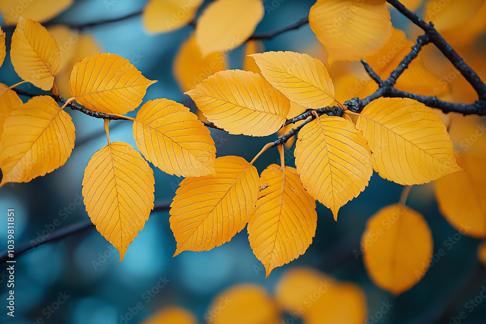 Golden autumn leaves on branches in a serene forest setting Golden autumn leaves on branches in a serene forest setting
