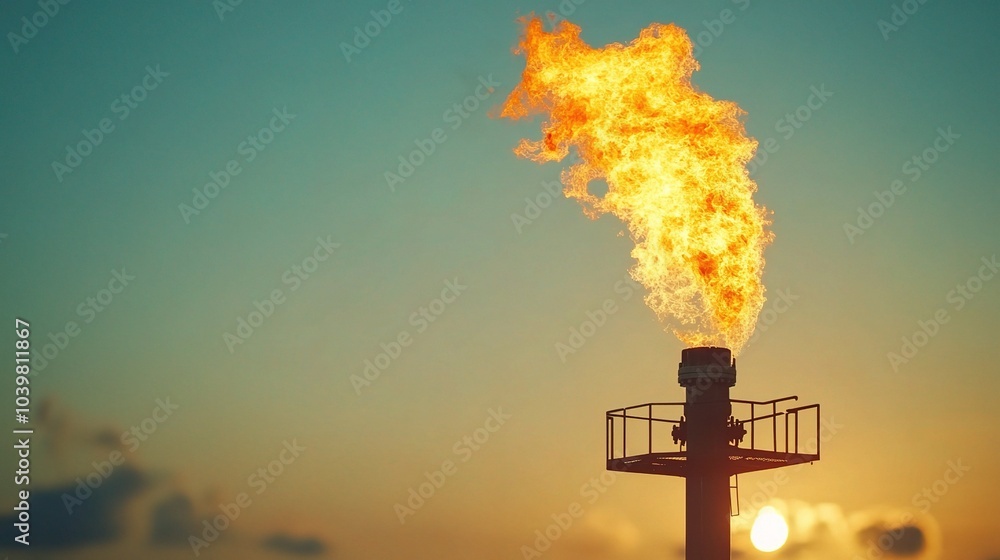 Fototapeta premium Flare Gas Ignition Against Sunset Sky