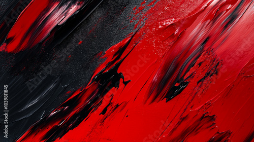 Bold red and black abstract painting showcasing dynamic brush strokes and texture