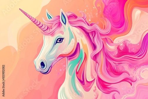 Vibrant Pink Unicorn Cartoon Illustration with Bold Lines and Smooth Curves photo