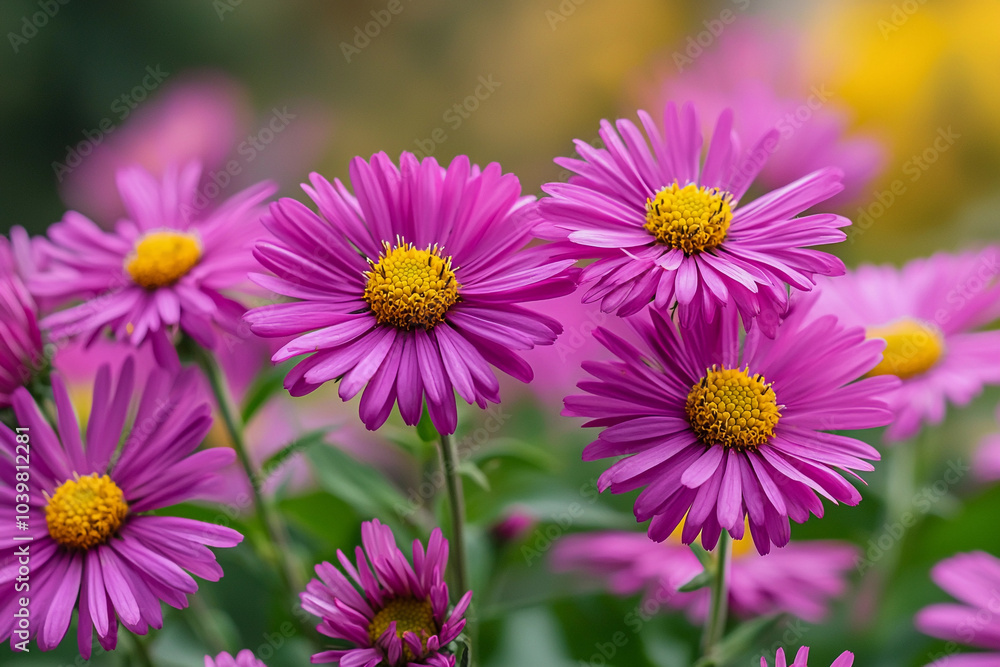 Bright purple daisies blooming vibrantly in a sunny garden Bright purple daisies blooming vibrantly in a sunny garden